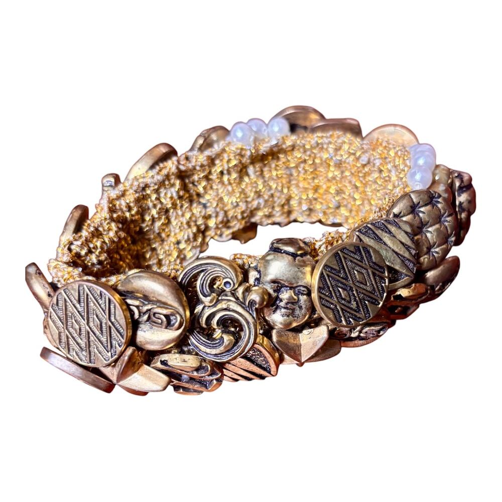 Bracelet Stretch Brass Antique Gold Tone Multi Size Coin Button Victorian MCM